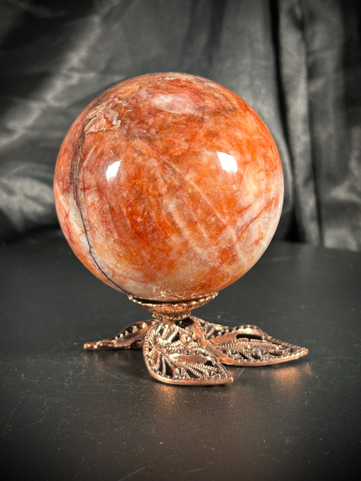 2.6″ Hematoid (Fire) Quartz Sphere With Unique Metal Stand 14.3oz (403 grams)