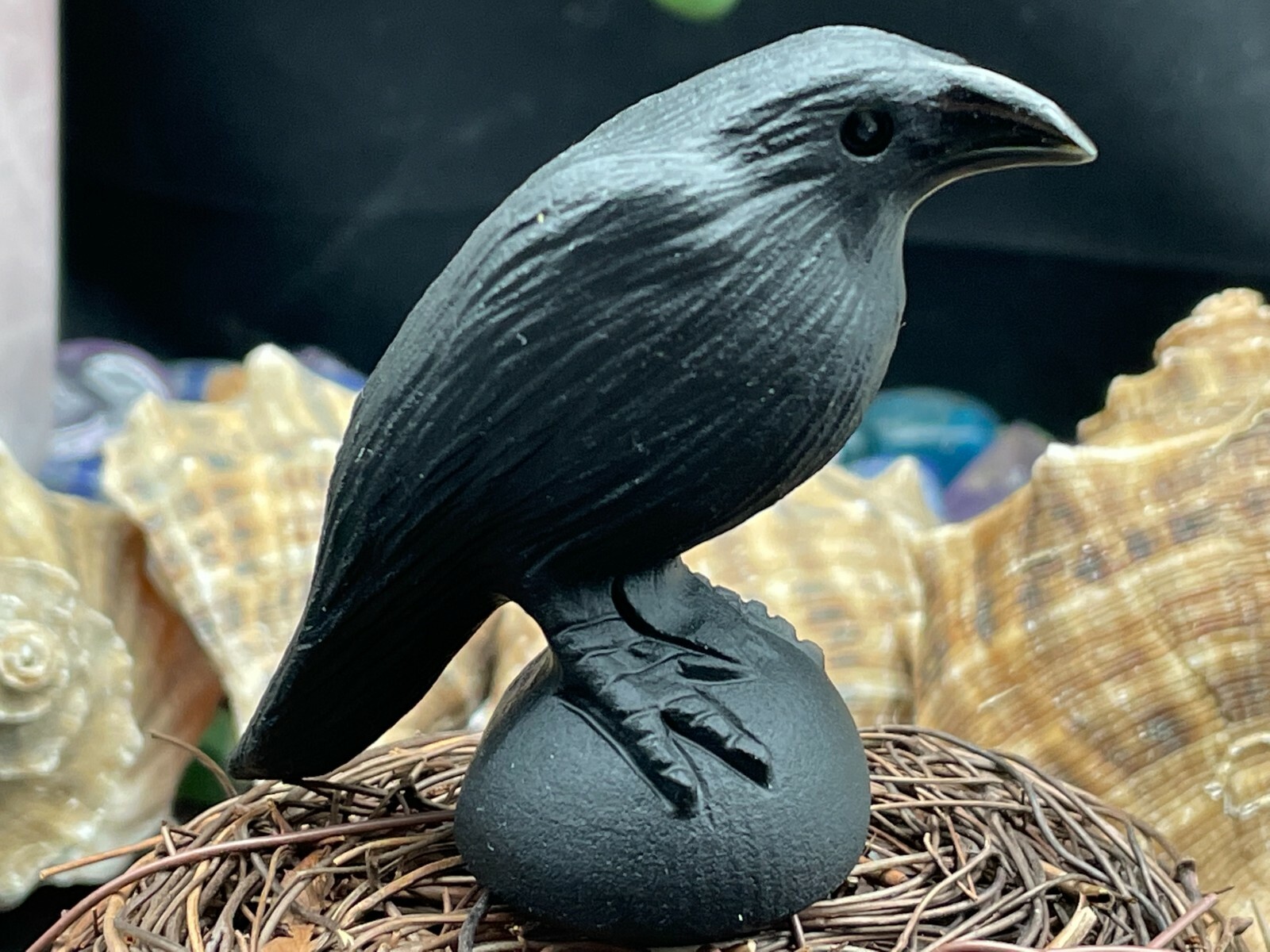 Natural Obsidian Crystal Crow Hand Carved Housewarming Gift D110353