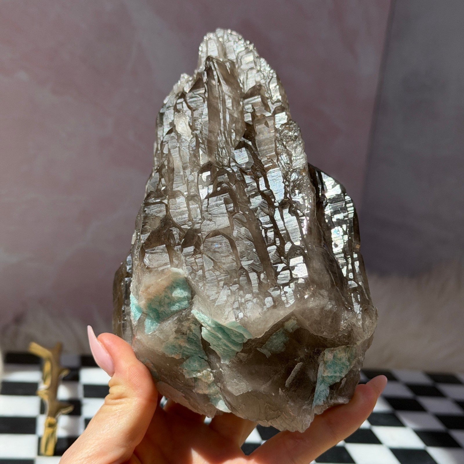 Smoky Quartz Point with Amazonite on Gold Dolphin Stand 2.85lb | USA Crystal