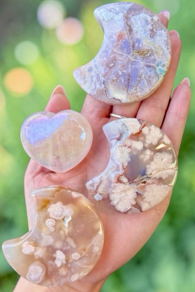 Pink Flower Agate Crescent Moon Set Aura Rose Quartz Heart Crystal Bundle 4pc