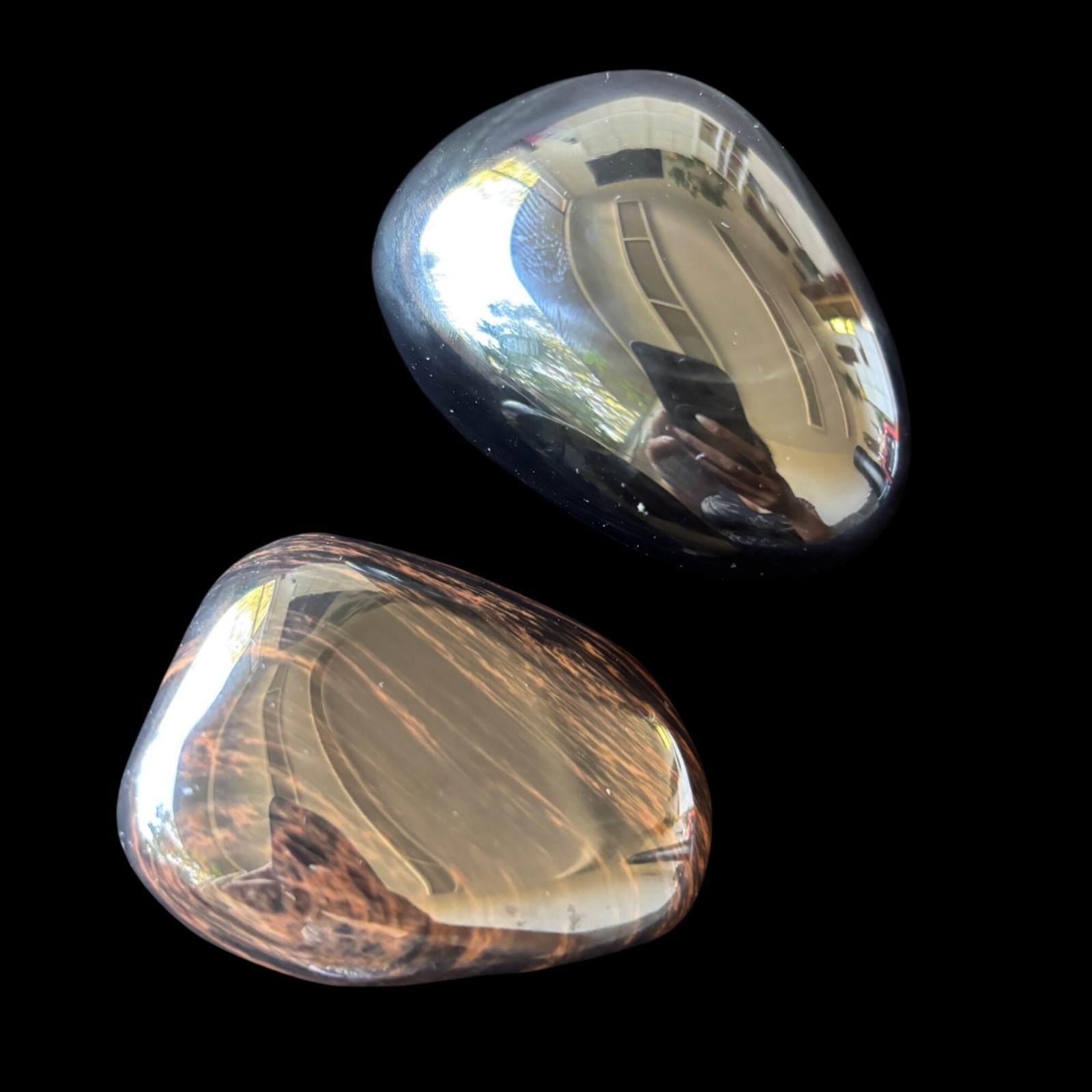 Rainbow & Mahogany Obsidian Palm Stone Set Red Purple Black Worry Stone Pair