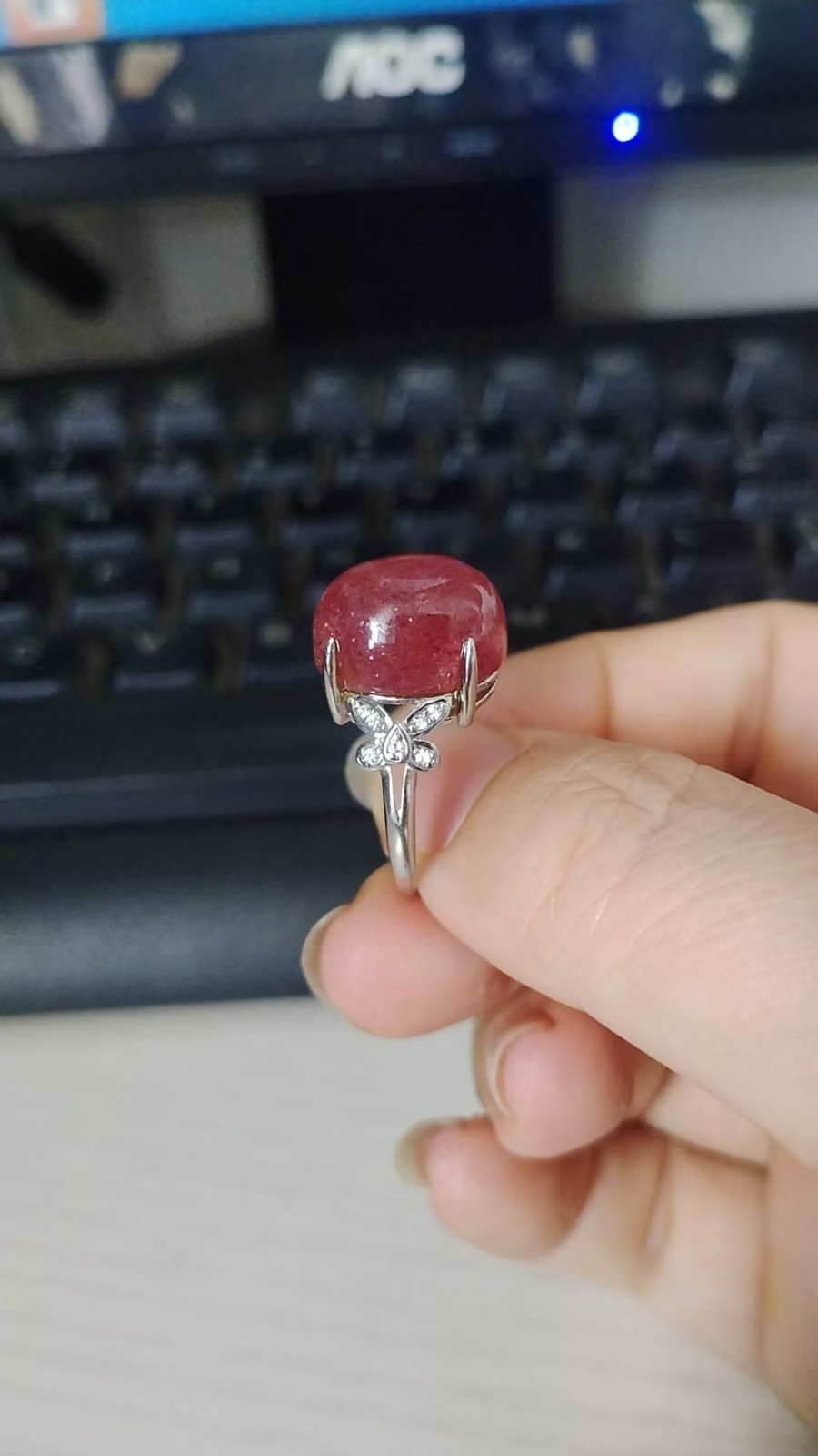 Natural Red Strawberry Quartz Crystal Gemstone Adjustable Ring AAAA