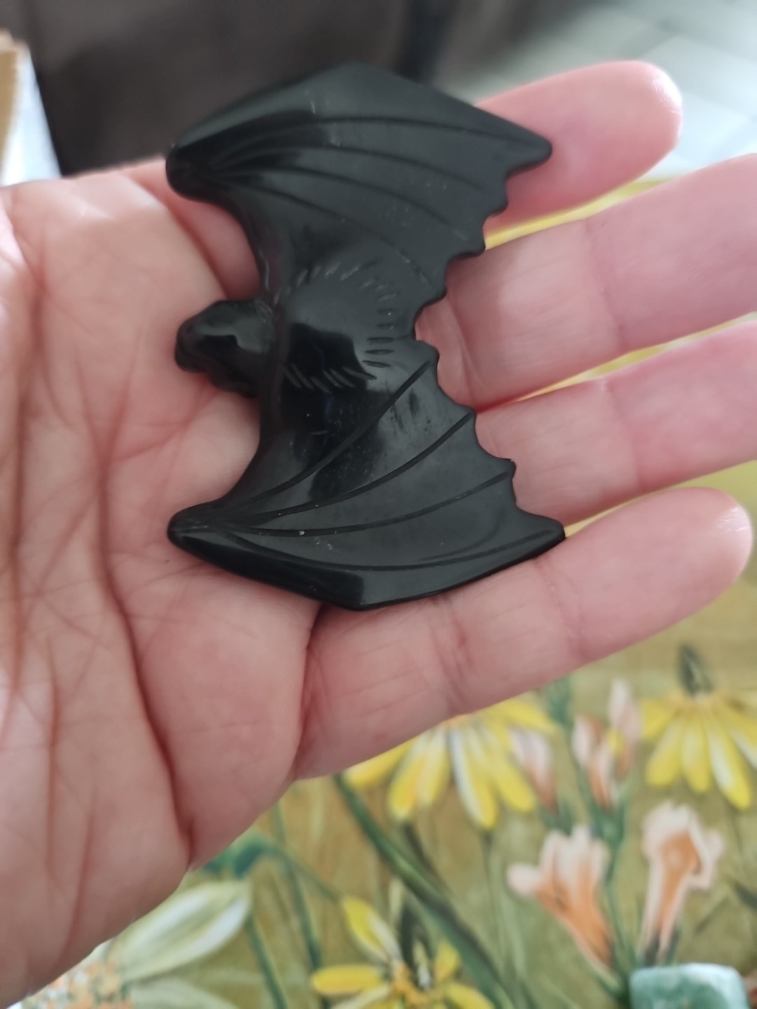 Natural Black Obsidian Quartz Crystal Carved Bat Healing Halloween Decora 1Pc