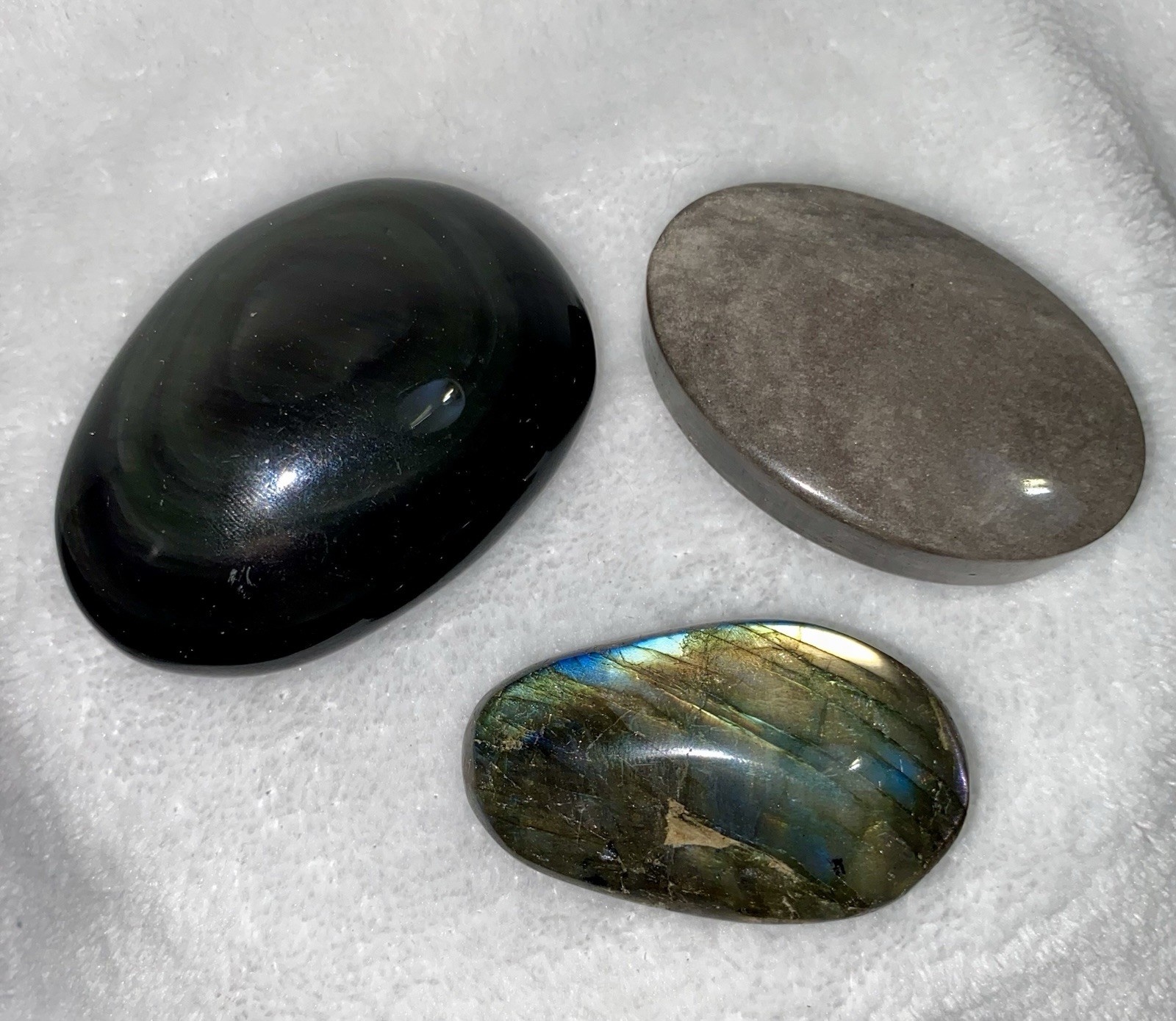 Polished Labradorite Palm Stone & Black And Silver Obsidian Palm Healing Stones