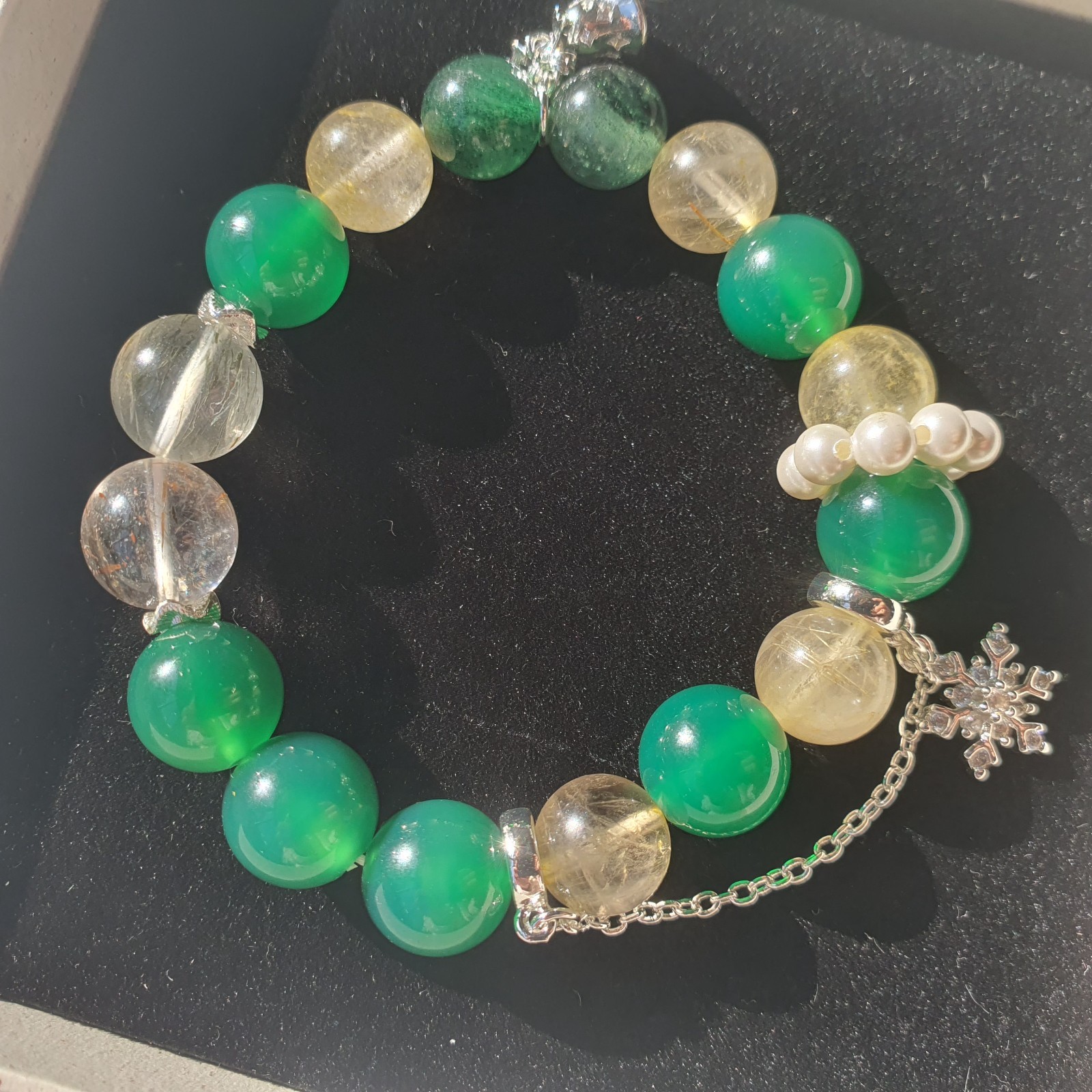 12mm Green Agate Stretch Bracelet with Gold Rutilated Quartz Christmas Jewelry