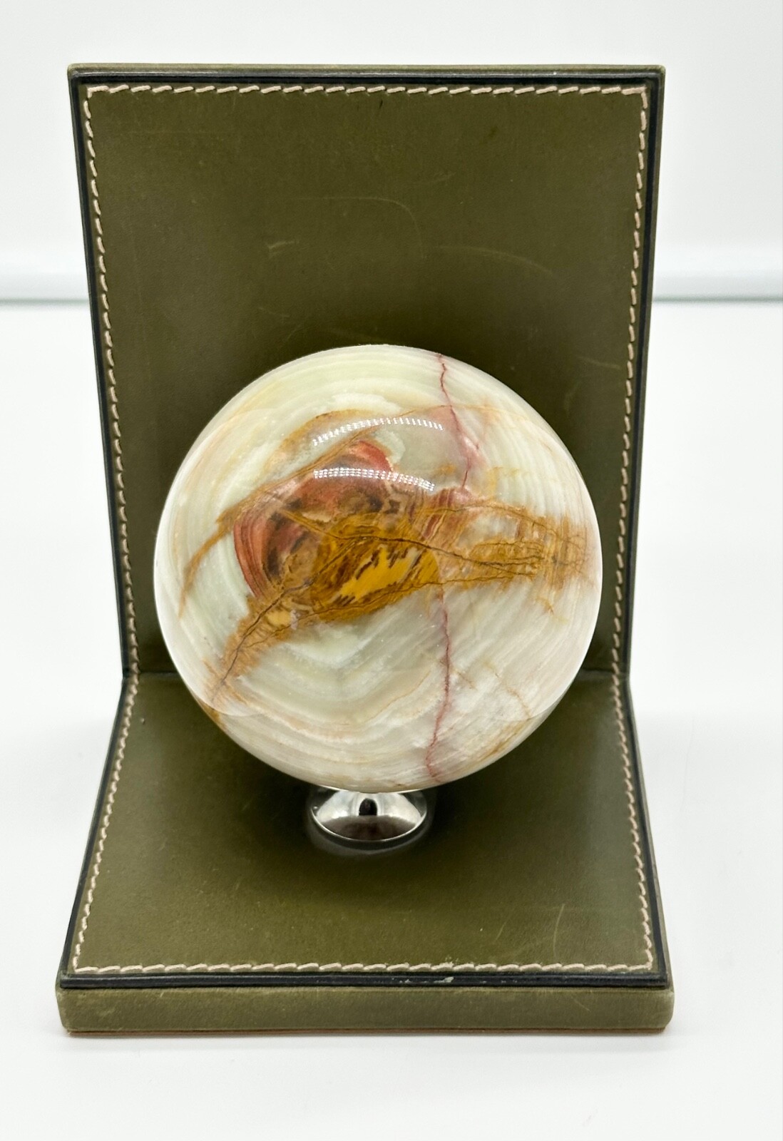 3.5” AGATE ORB SPHERE 2 lbs 5 oz POLISHED STONE MARBLE with Italian Leather