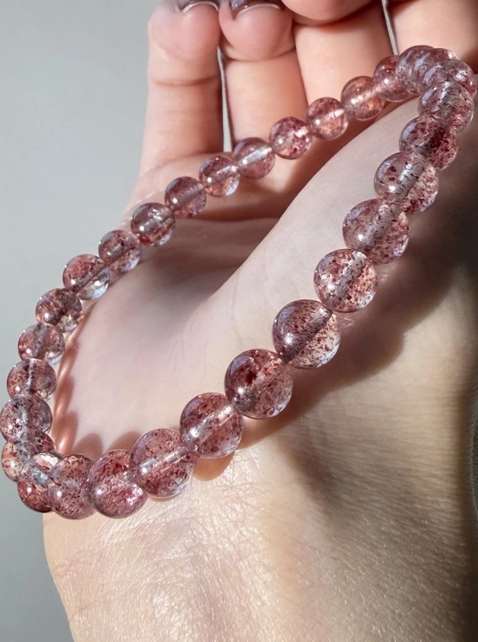 Natural Lepidocrocite in Clear Quartz Bracelet Pink Confetti Golden Strawberry