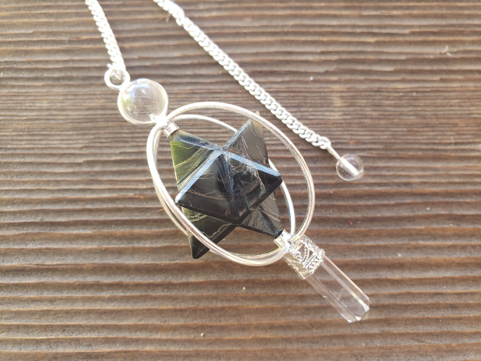 NATURAL BLUE TIGER EYE GEMSTONE 3 STONE MERKABA STAR SPINNING PENDULUM