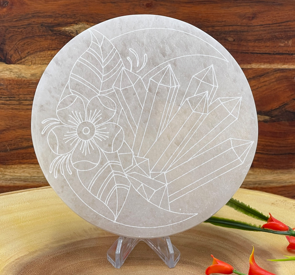 Selenite Moon Etched Charging Station, Selenite Charging Plate, 6″ (15 cm)