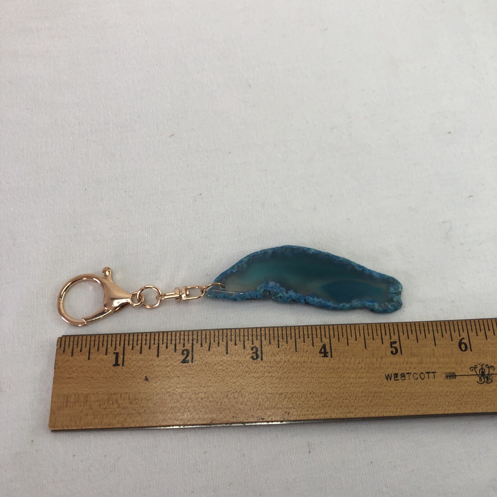 Gorgeous Blue Agate Slice Gemstone Keychain Rose Gold Lobster Claw Clip 3″