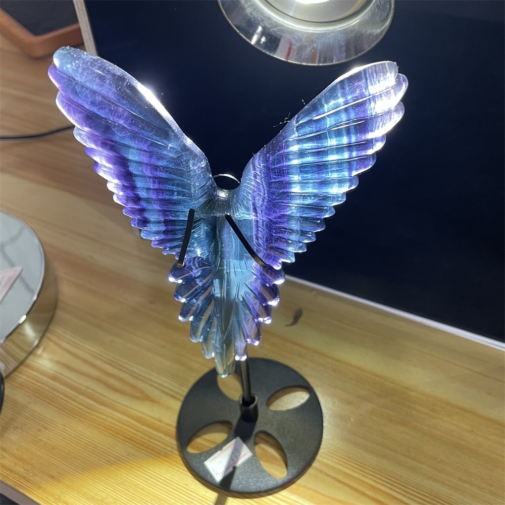 0.7LB 8.4″ A++Natural Rainbow Fluorite Bird Wings Ornament Reiki Crystal Quartz