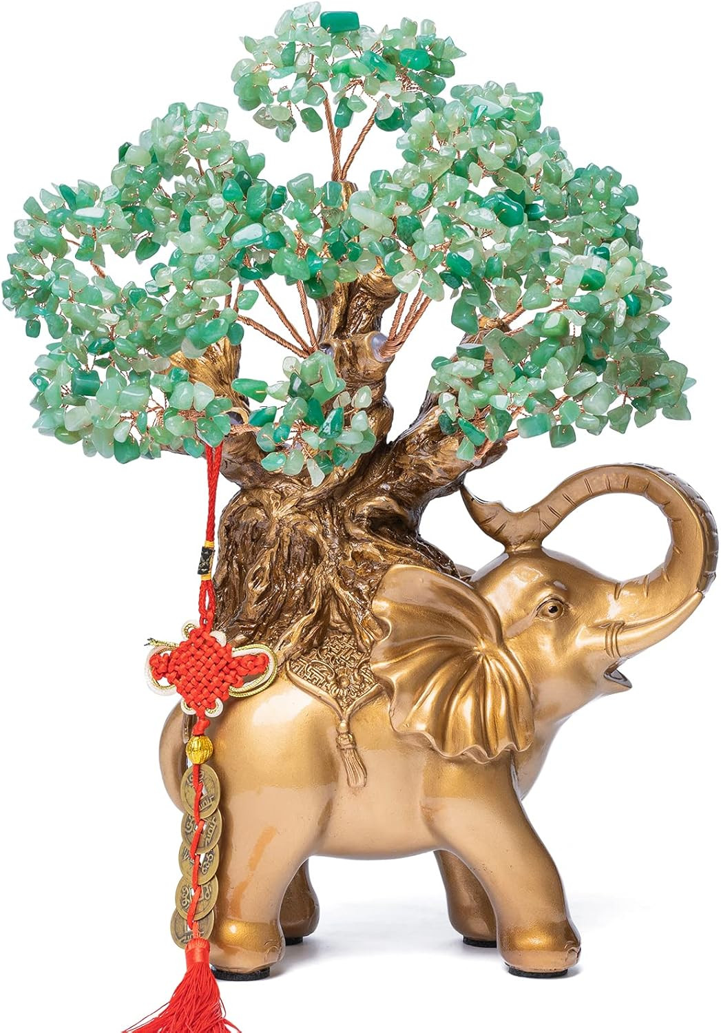 Large Green Aventurine Money Tree on Gold Elephant Statue for Wealth & Feng Shui