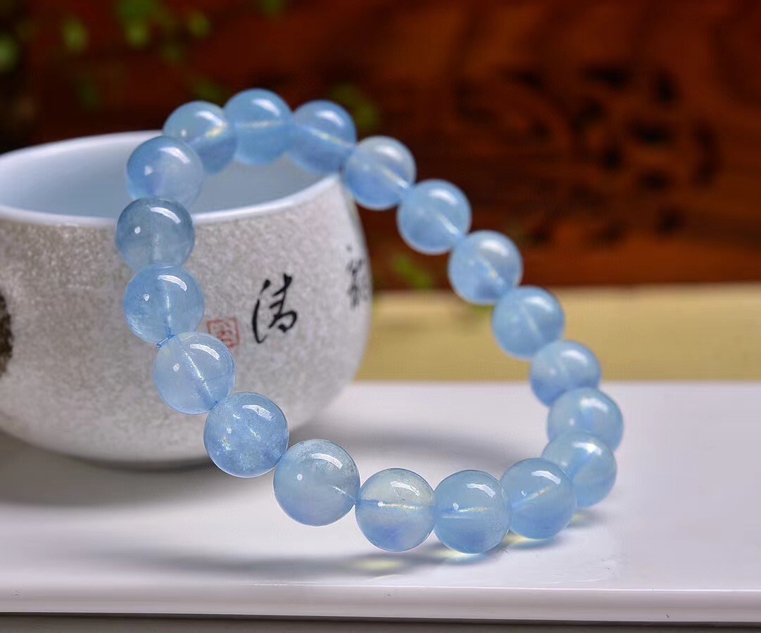 9-10mm Natural aquamarine quartz carved crystal Gem stone Round bead bracelet