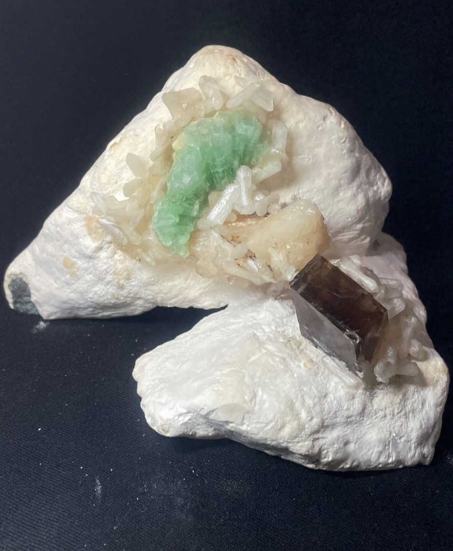 AWESOME CALCITE W/ GREEN APOPHYLLITE AND STILBITE IN MATRIX ON MORDENITE CLUSTER