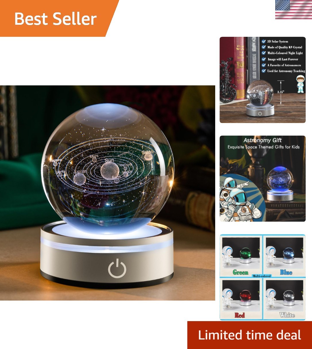 K9 Crystal Solar System Globe – Multicolor LED Night Light for Kids & Adults