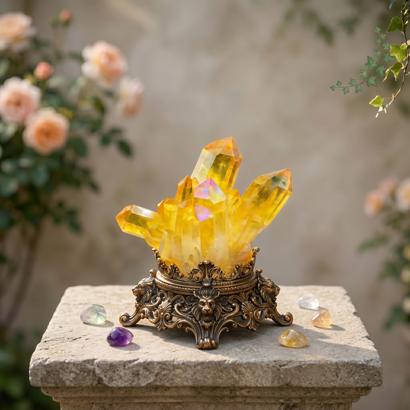 Rainbow Aura Citrine Quartz Cluster Crystal Specimen Titanium Coated Points Deco