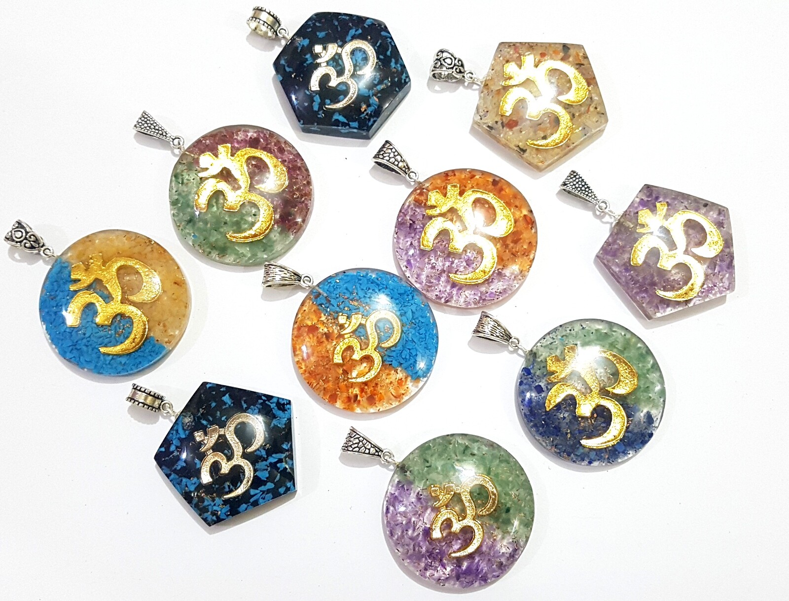 Lot of 10 Sacred Symbol Orgone Healing Pendant Chakra Stones OM Pendant