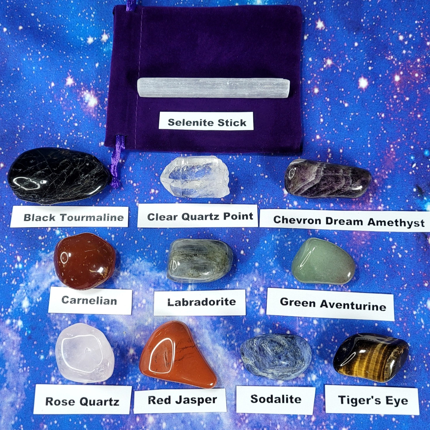 11 pc Crystal Witch Starter Kit Large Tumbles Beginner Set Selenite Labradorite