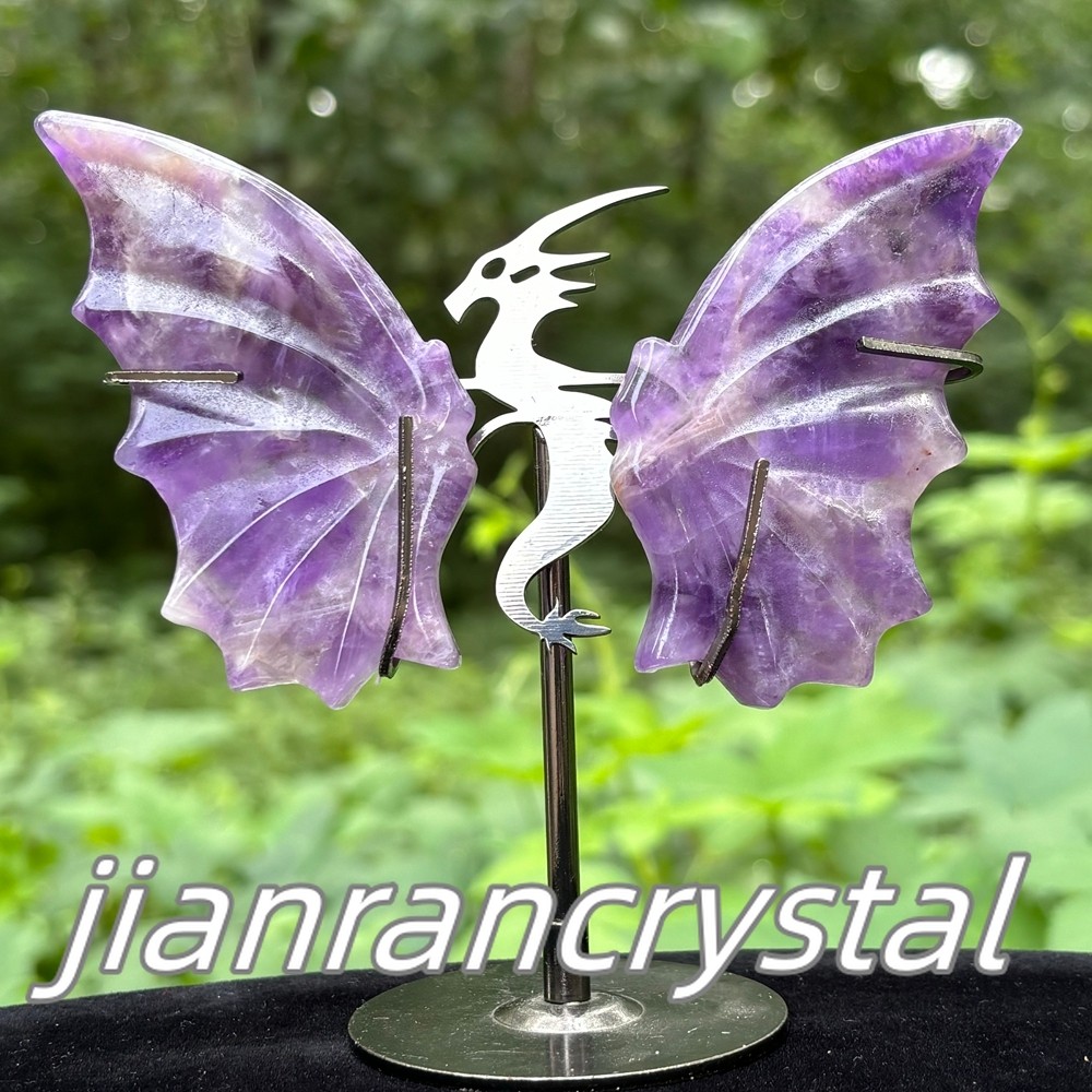 A pair Natural Dreamy amethyst Dragon Wings Carved Crystal Quartz Skull + Stand