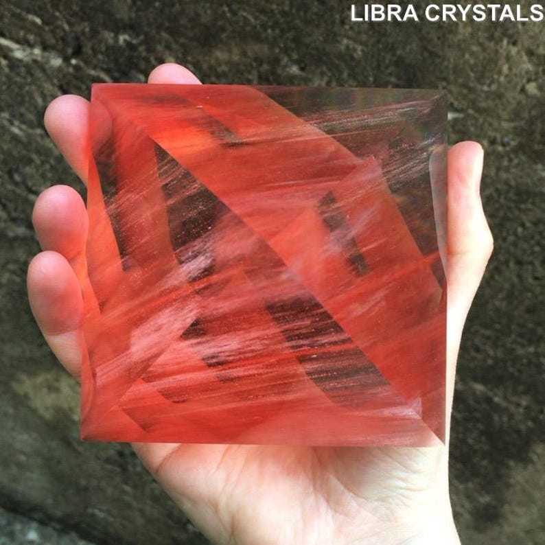 Cherry Quartz Style Glass Crystal Pyramid Red Translucent Geometric Metaphysical