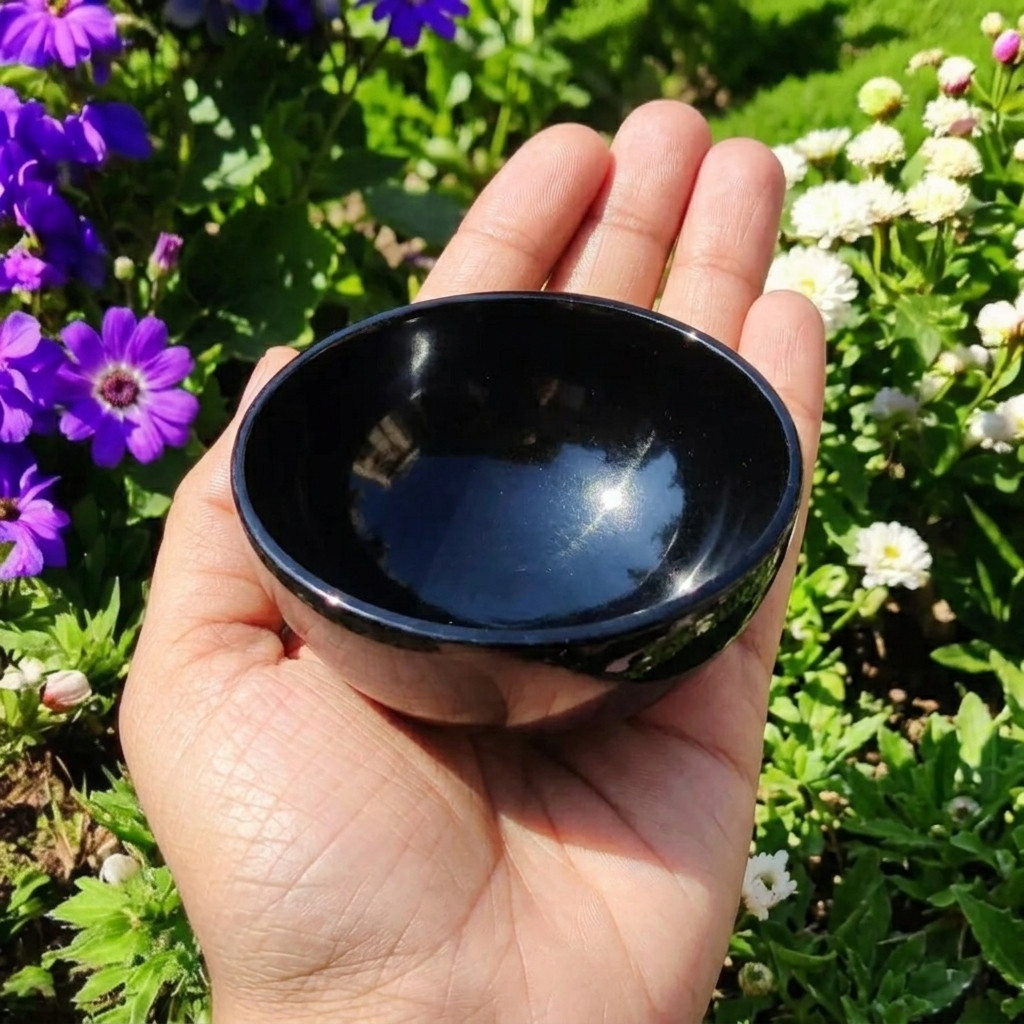 Black Obsidian Scrying Bowl for Crystals Charging – Protection Healing Stone 3″