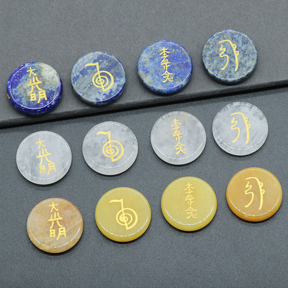 4PCS Engraved Usui Symbols 7 Chakra Palm Stone Crystal Gemstone Balancing Reiki