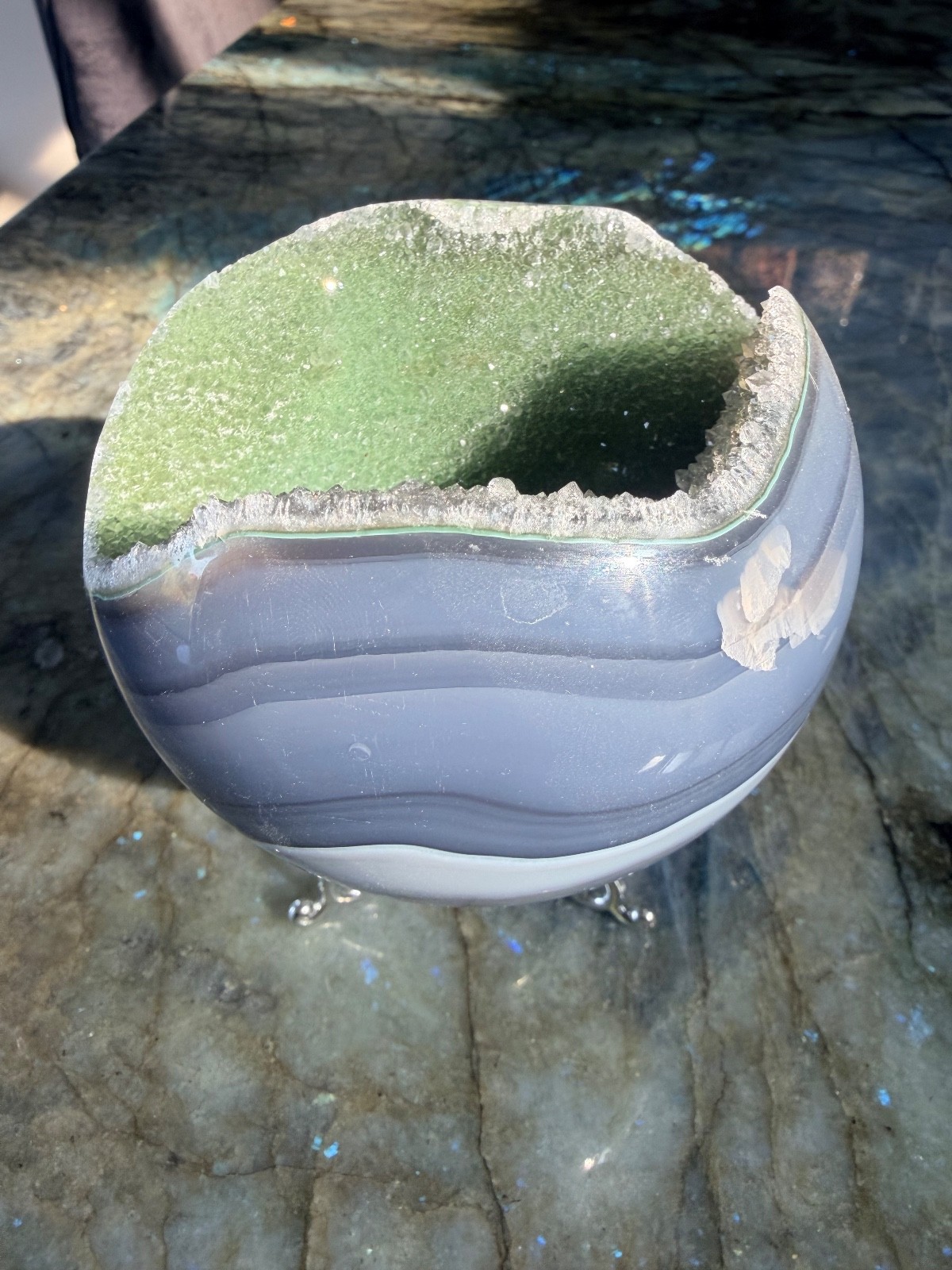Druzy Green Rainbow Amethyst Sphere with Blue Agate Banding From Uruguay, 4.07″