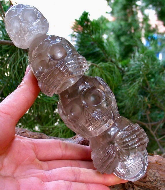 Smoky Quartz Rock Crystal Skulls Tower, Hand Carved, 1.0LB