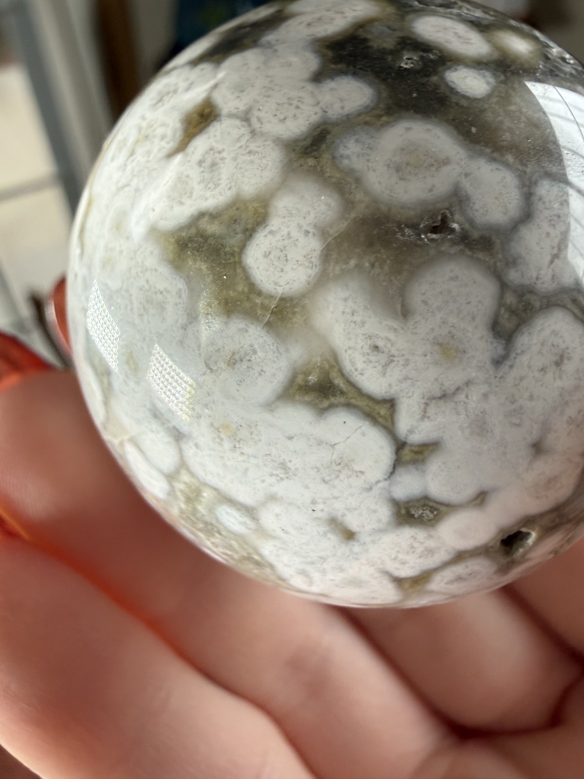 8th Vein Ocean Jasper Sphere – Druzy Caves – Green & White Orbs – 4.34 oz