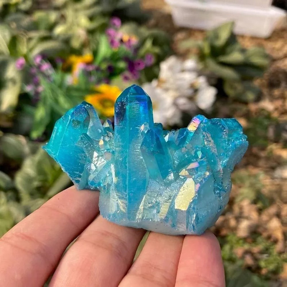 80-100g Titanium Aura Blue Crystal Rainbow Healing Cluster Geode Rock Decor Gift