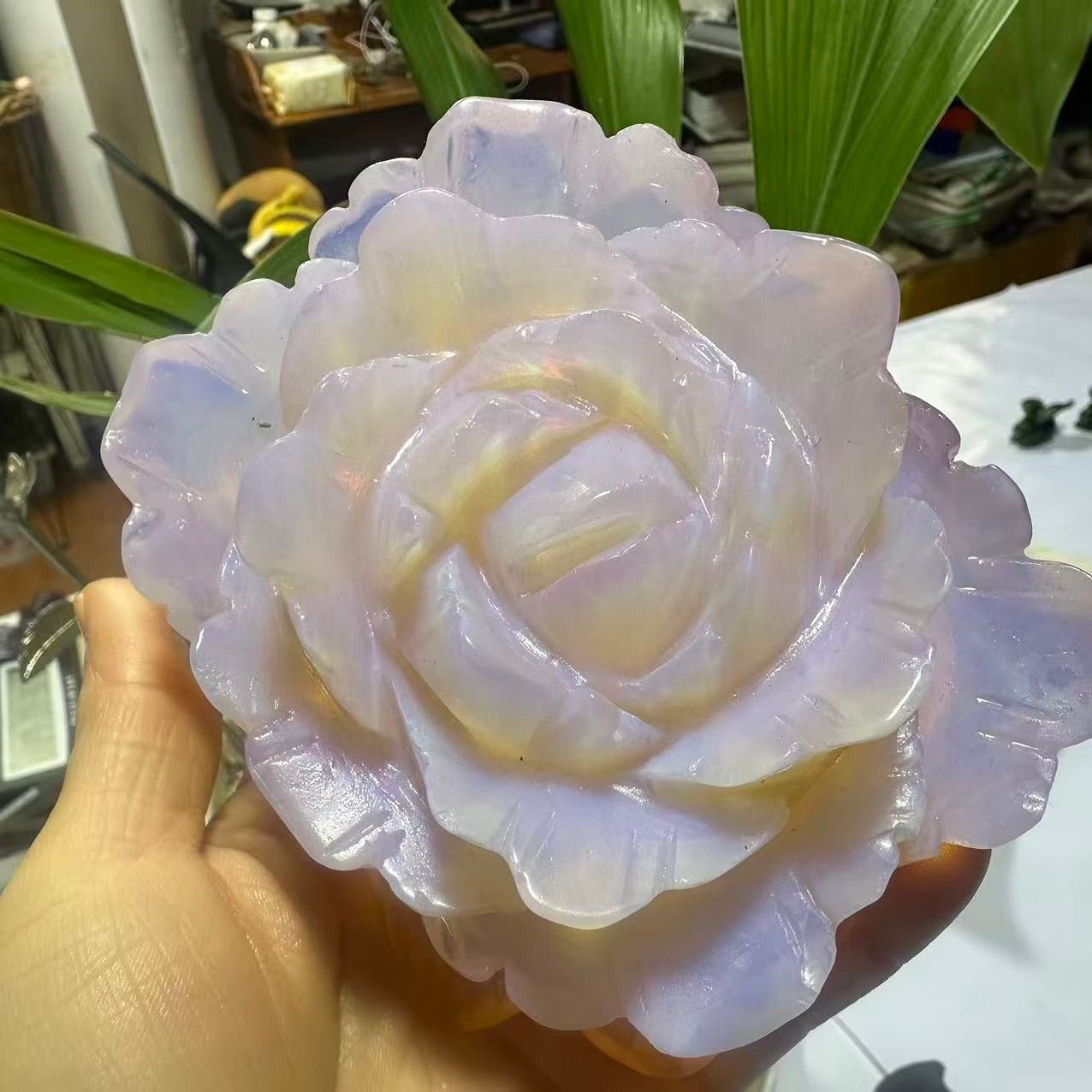 1pc Pink Opalite Stone Quartz Hand Carved Flower Reiki Healing Decor Gift