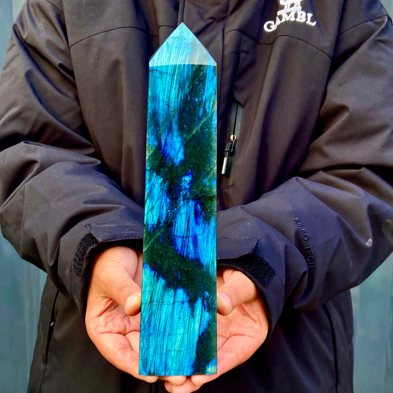 1.54LB Natural Labradorite Meditation Aura Energy Stone 4 Sided Tower Point