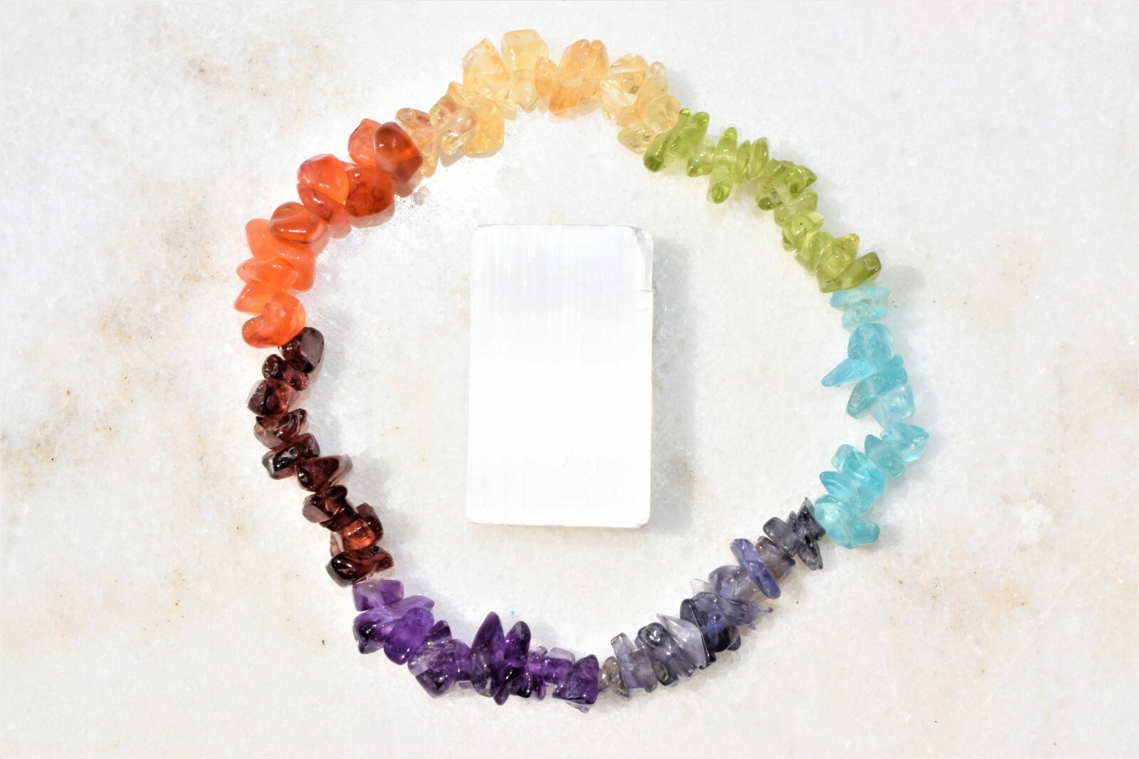 [1] CHARGED 7 Chakra Crystal Chip Stretchy Bracelet + Baby Selenite Puffy Heart