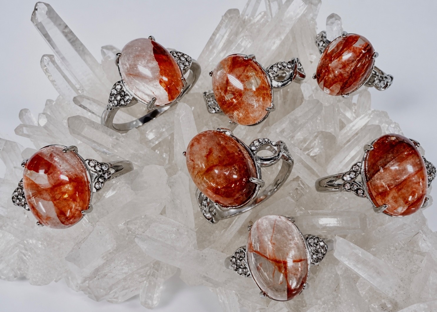 Wholesale 7 Pcs Natural Hematoid (Fire Quartz) Stainless Steel Rings 10x14mm