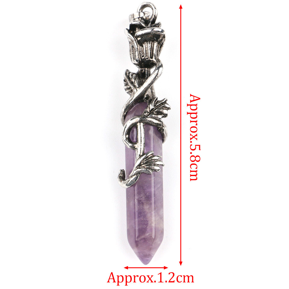Natural Crystal Hexagonal Column Double Point Pendant Rose Flower Wrapped Chakra