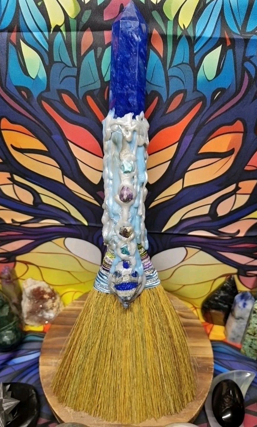 Unique Blue Wolf 36cm Handmade Crystal Altar Broom Brush – Lapis Lazuli Etc