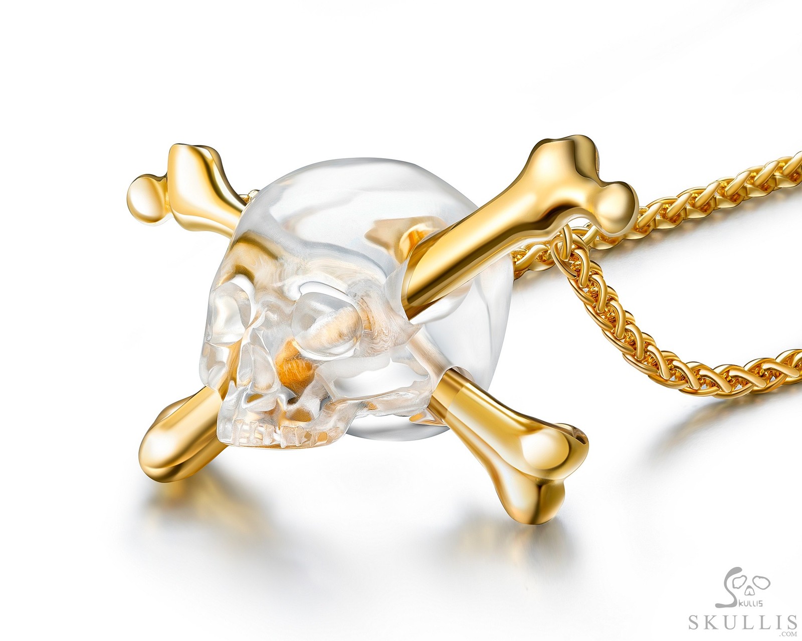 Skullis Gem – Quartz Rock Crystal Carved Skull & Sterling Silver Gold Plated