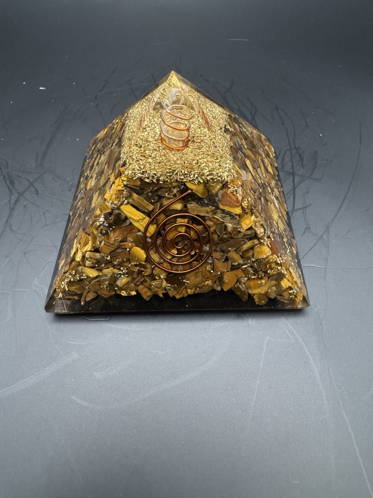 High Quality Handmade Tiger Eye Orgone Energy Pyramid with Copper Coil