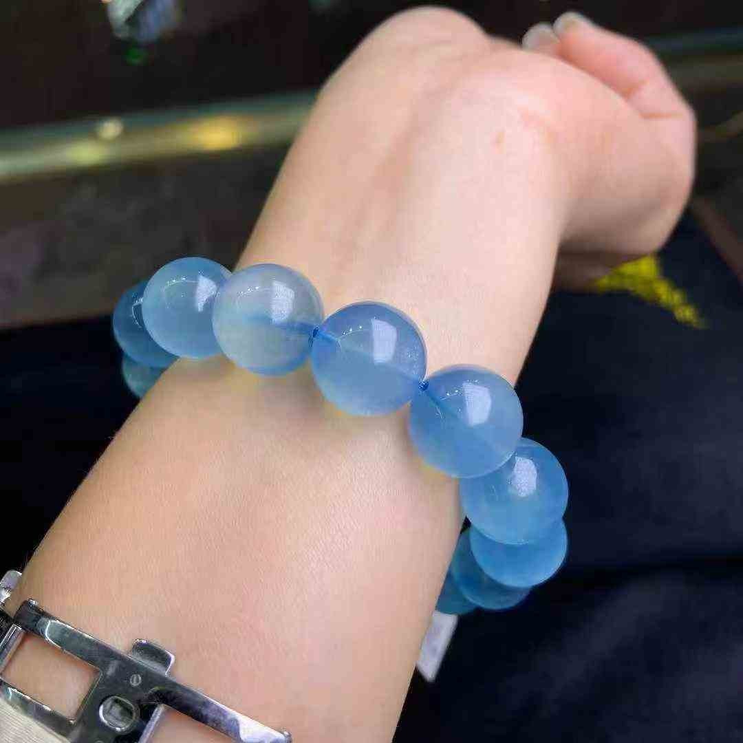 14mm Genuine Natural Blue Aquamarine Gemstone Crystal Round Bead Bracelet AAAA