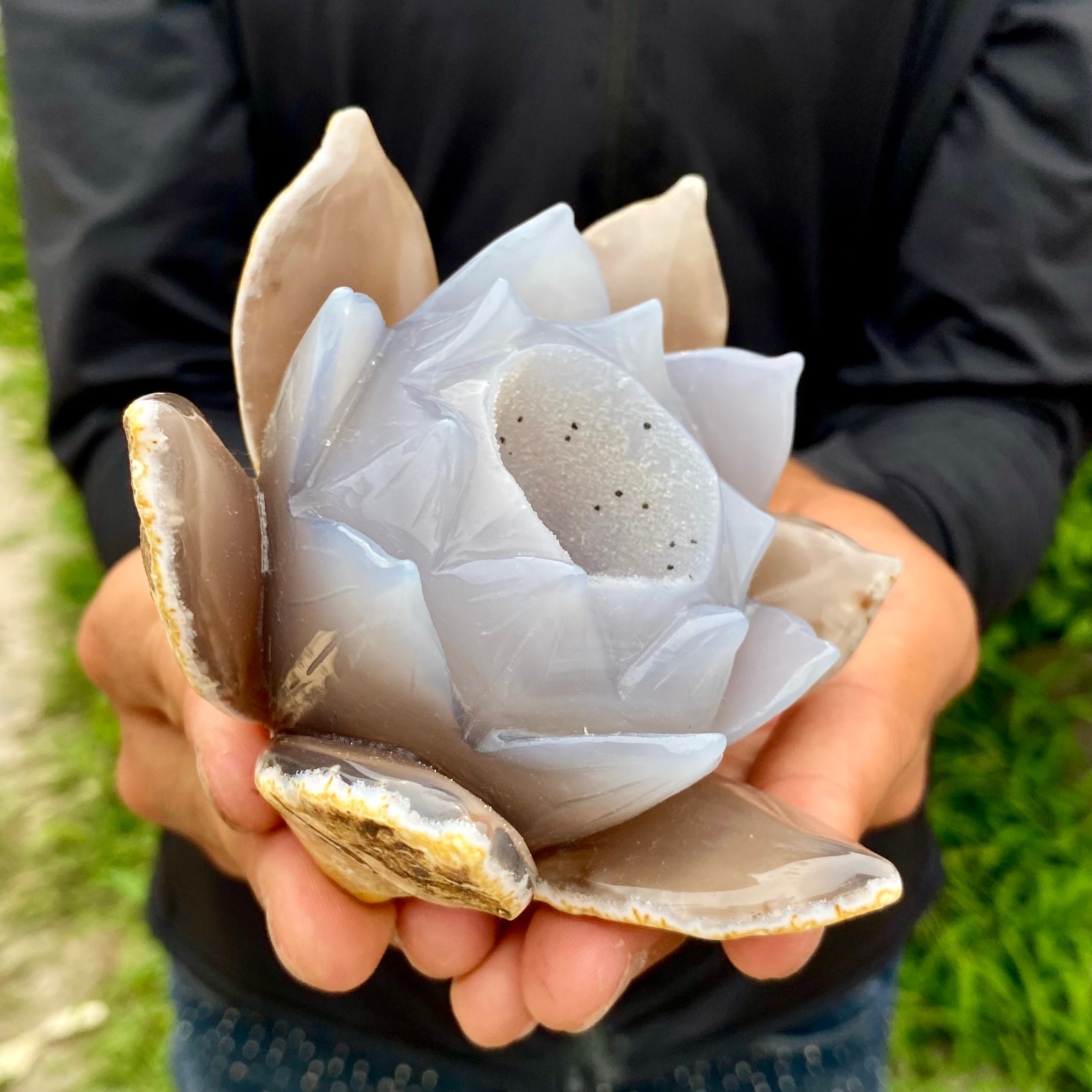 441G Natural Agate Geode Carved Lotus Flower, Hand Carved Healing Crystal Hom