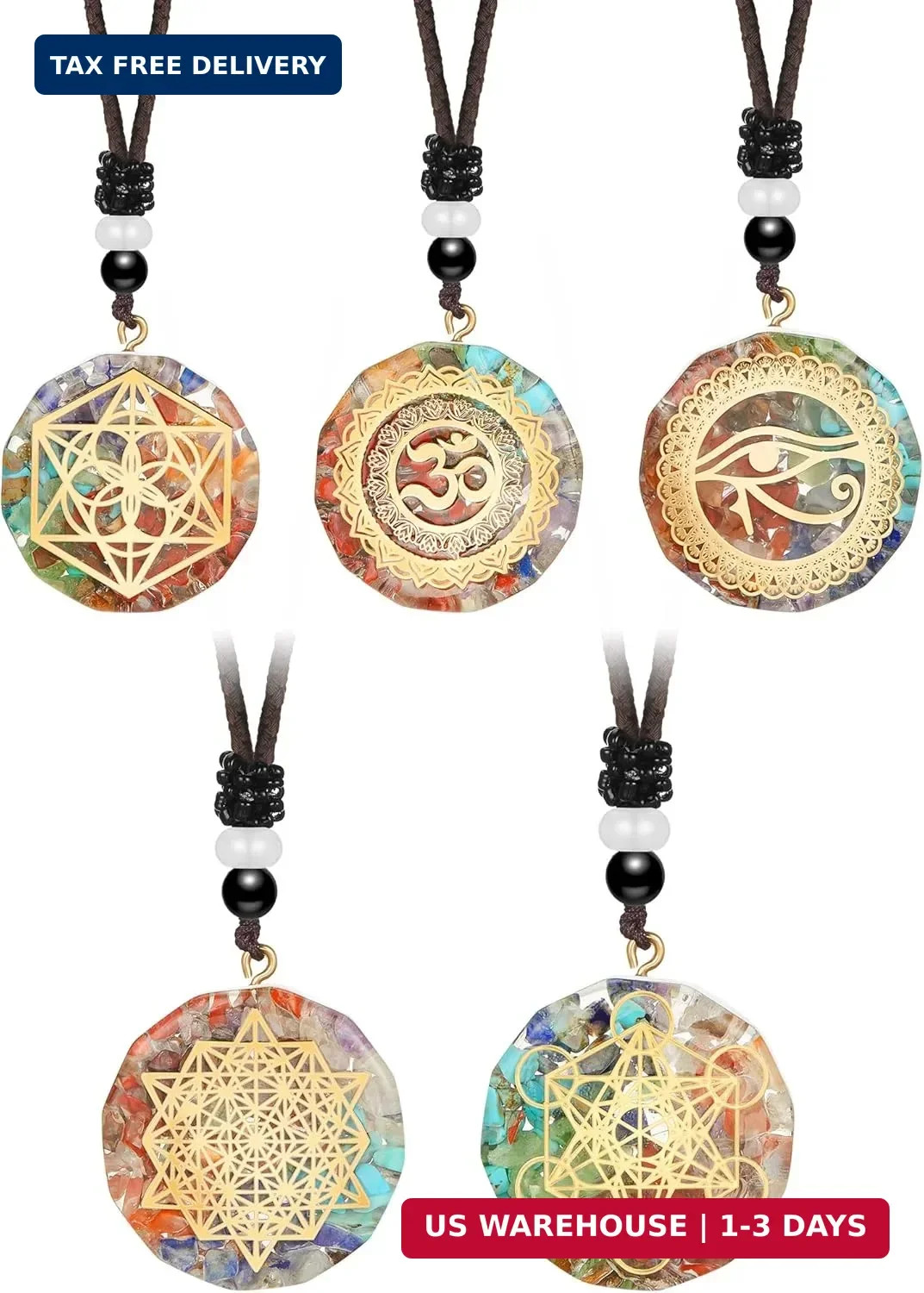 MTLEE 5-Piece Chakra Necklace Set: Orgonite Crystal Pendants, Healing Energy, Un