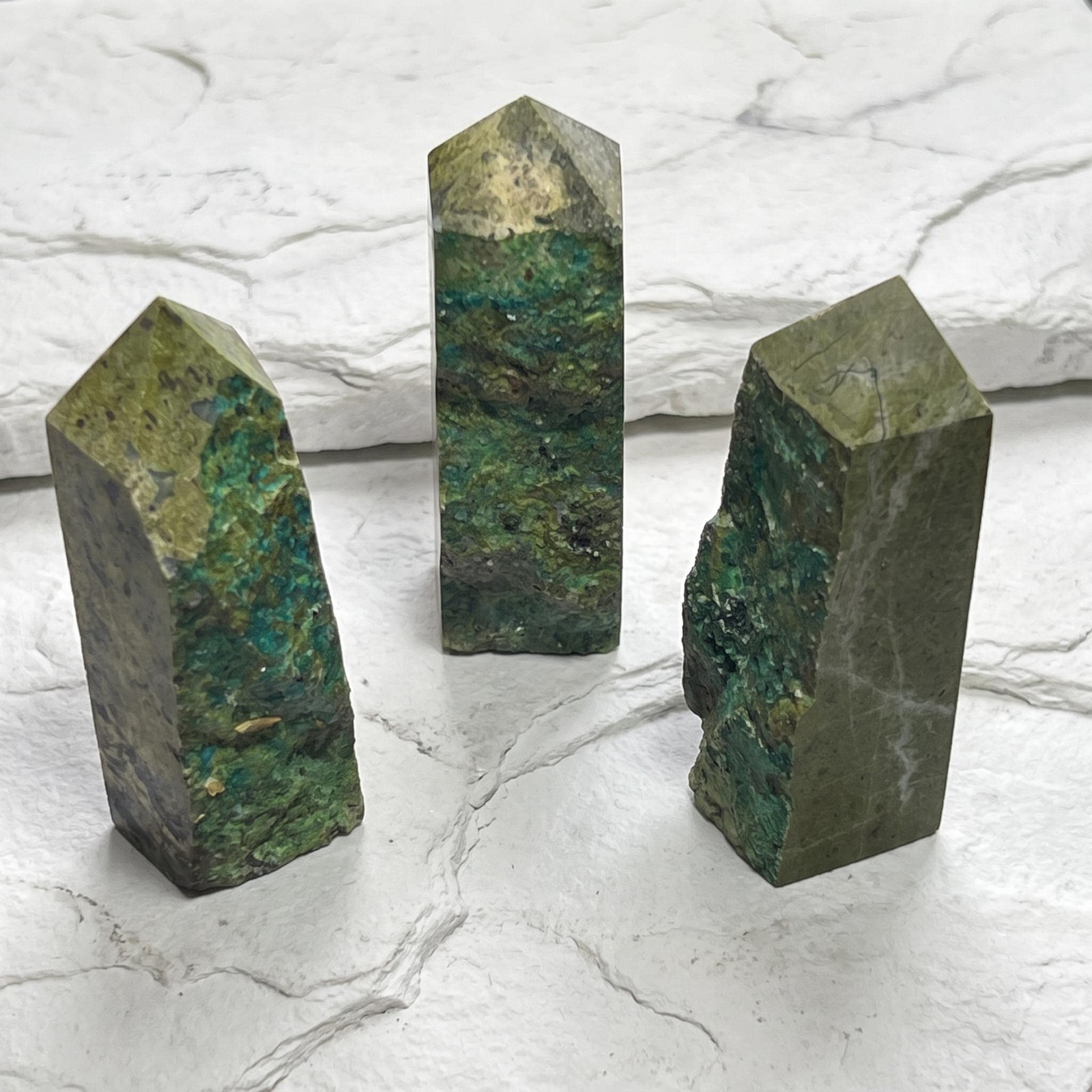 Dioptase Crystal Matrix with Copper Specs Standing Tower Obelisk Point Gemstone