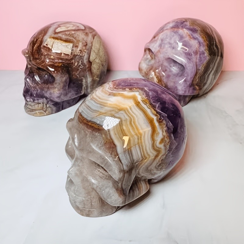 New！Natural Crystal Amethyst Agate Skulls Polished Good Pattern Office Decor