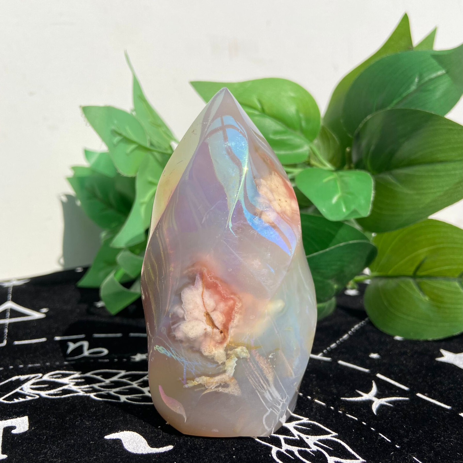 298g Flower Agate Spiral Flame Titanium Angel Aura Quartz Crystal Decoration