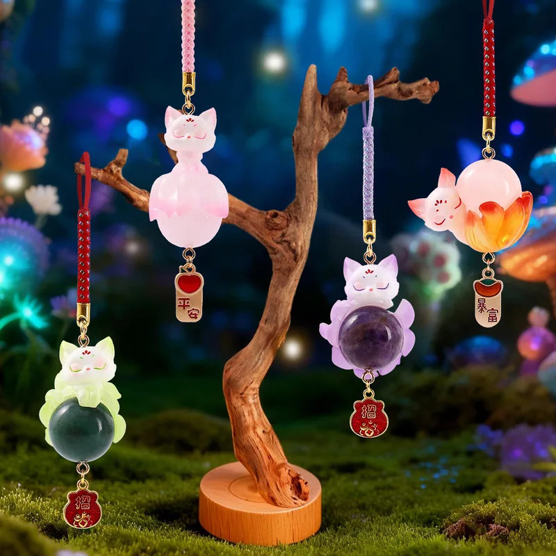 Cute Chinese Style Nine-Tailed Fox Resin Crystal Pendant Good Luck Car Decor Mys