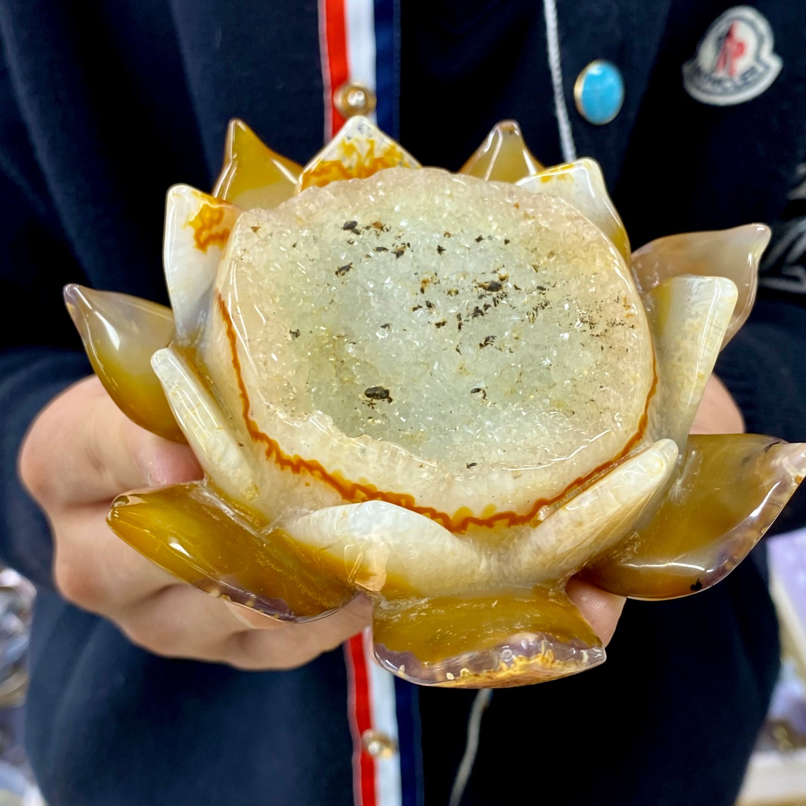 488G Natural Agate Geode Carved Lotus Flower, Hand Carved Healing Crystal Home