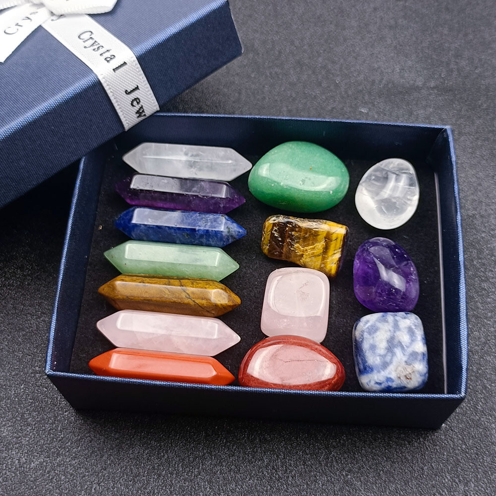 14PCS Natural Crystals and Healing Stones Set Raw Chakra Stones wands gift kit