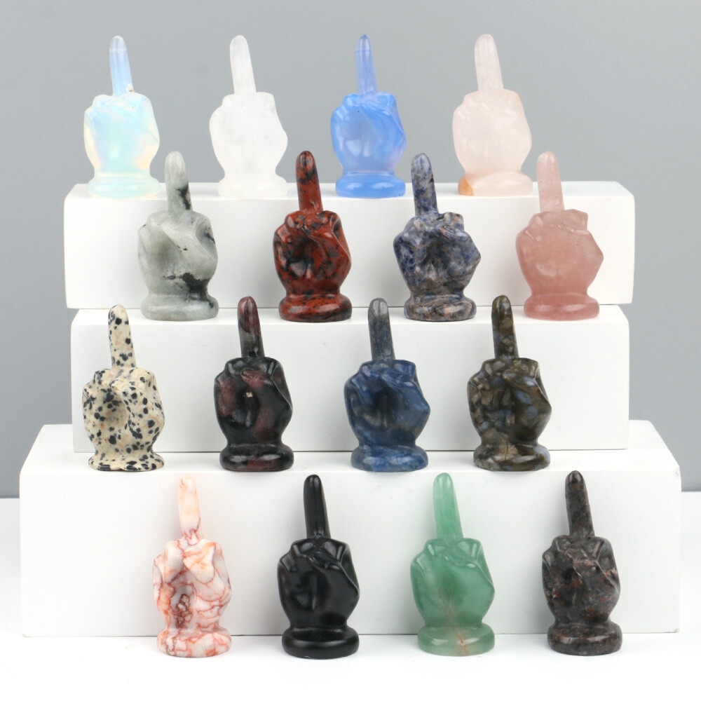 2″ Natural Hand Middle Finger Crystals Carved Statue Stones Tricky Figurine Toys