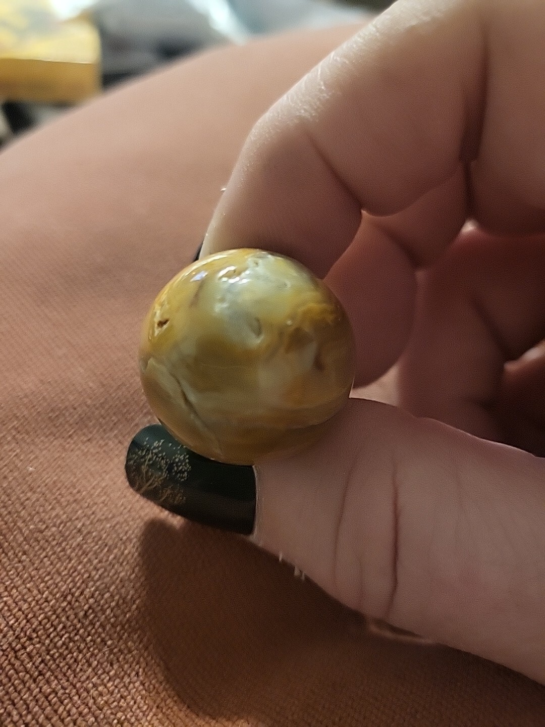 Agate Mishroom Figurine Yellow And Swirled Crimson And Grey