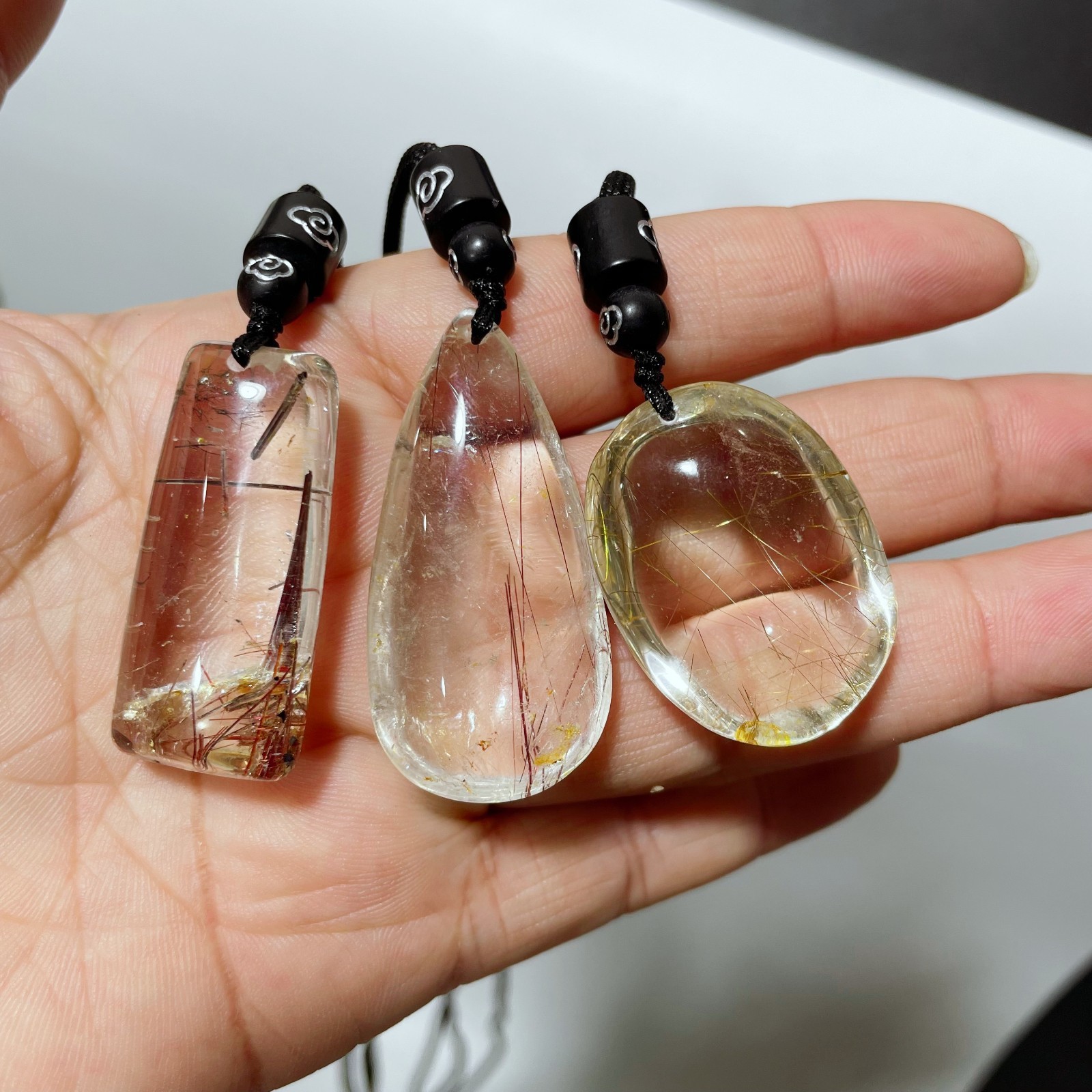 3pcs Natural Red Gold Hair Rutilated Quartz Crystal Pendant Reiki Heal Gift